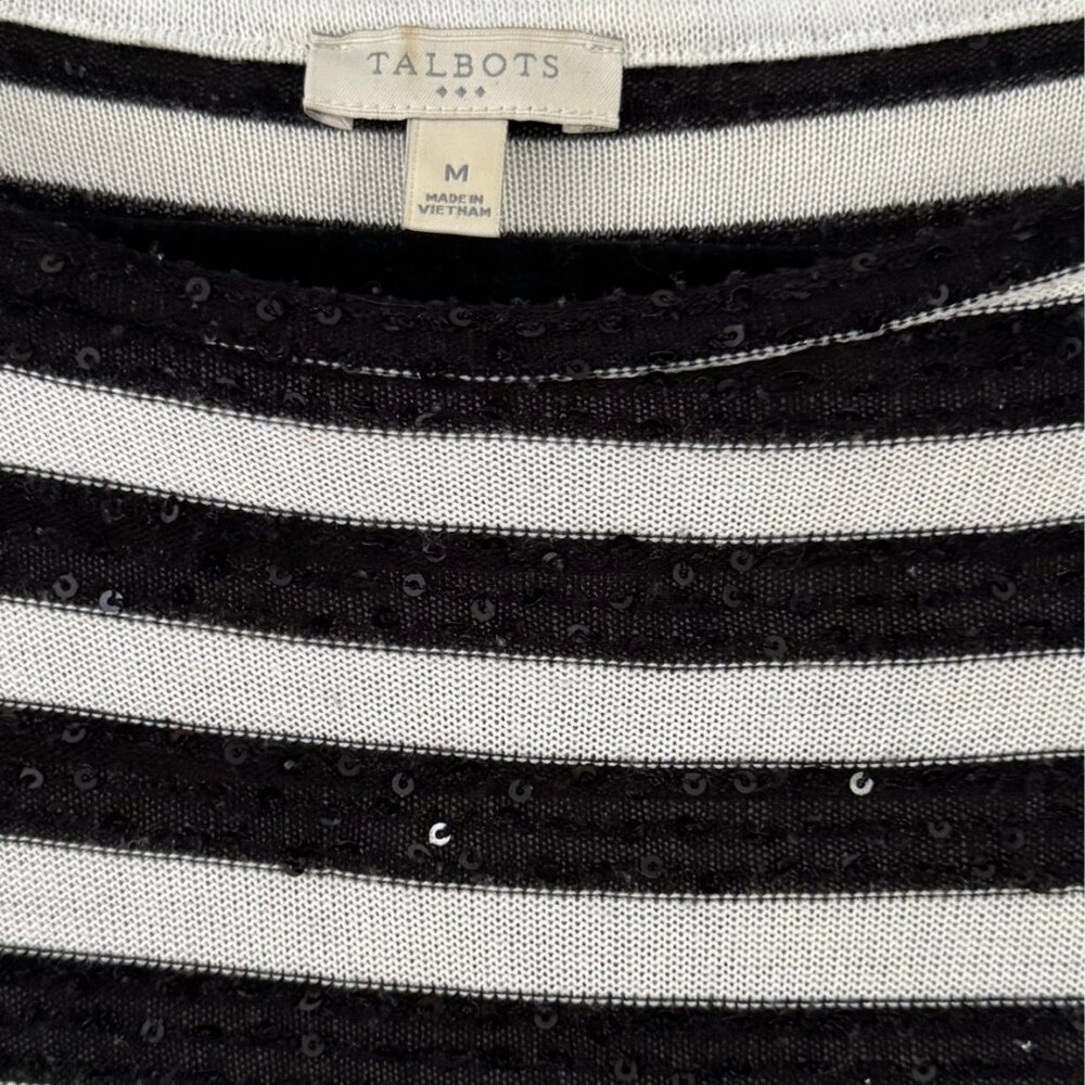 Talbots Striped Sequin Sweater Black White 3/4 Sleeves Scoop Neck Women’s Medium - Picture 3 of 3